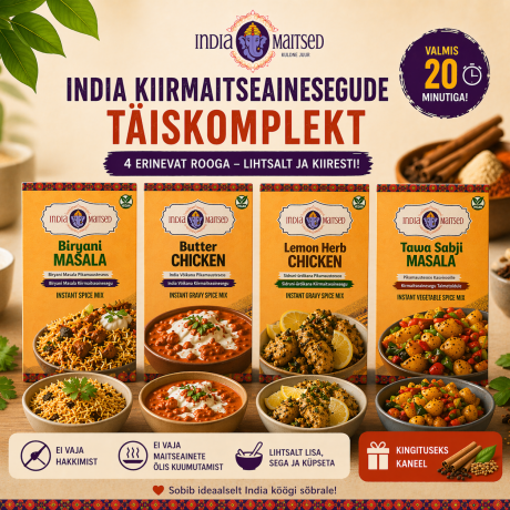 India kiirmaitseainesegude täiskomplekt – 4 erinevat rooga lihtsalt ja kiiresti